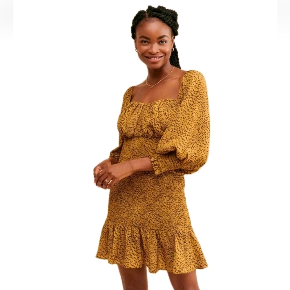 NEW Elliatt Milkmaid Animal Print Long Sleeve Mini Dress Smocked Romance XL BOHO